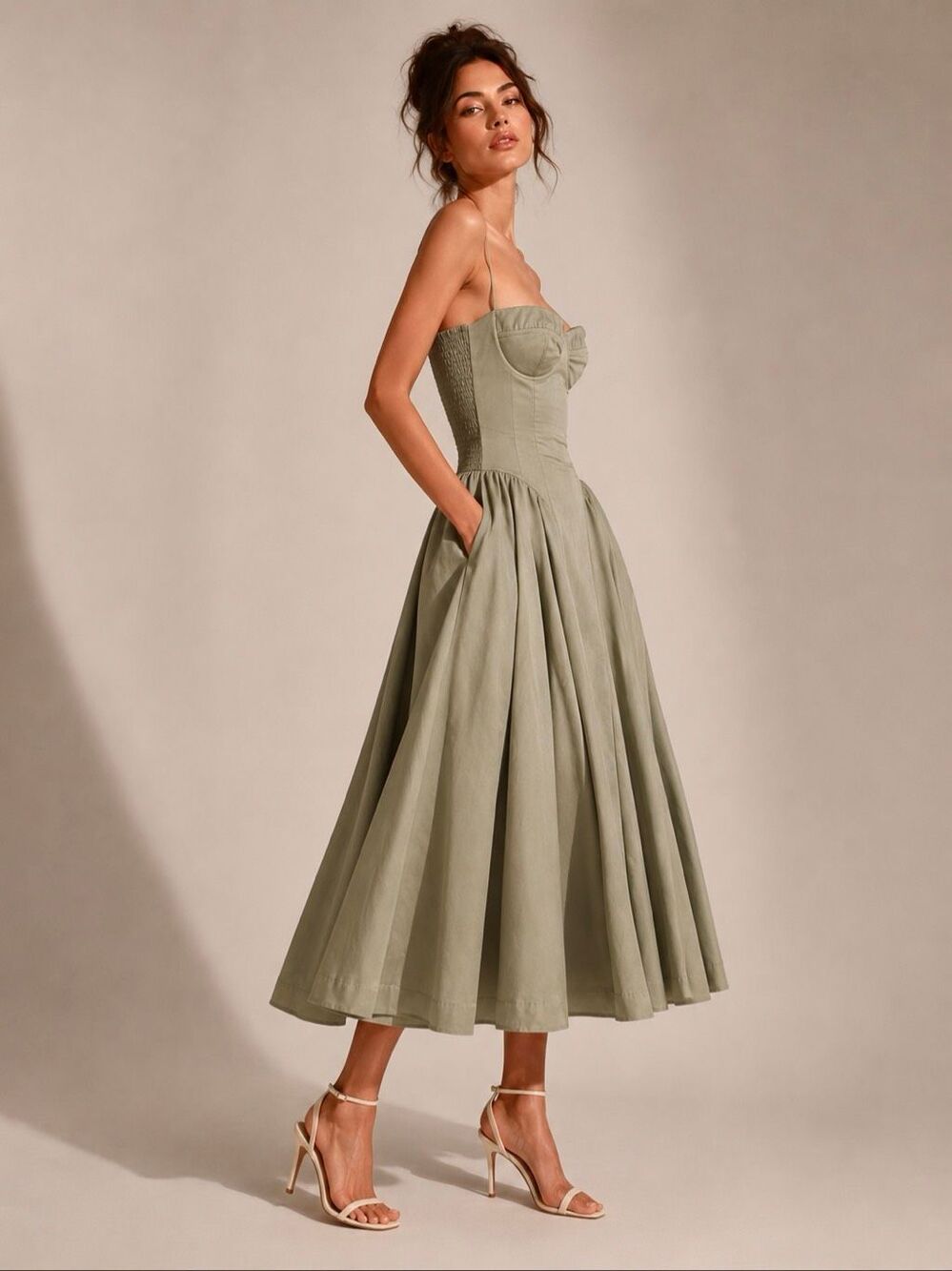 NWT House of CB Samaria Elm Taupe Corset Midi Dress M Romantic Coquette Wedding - Picture 4 of 16